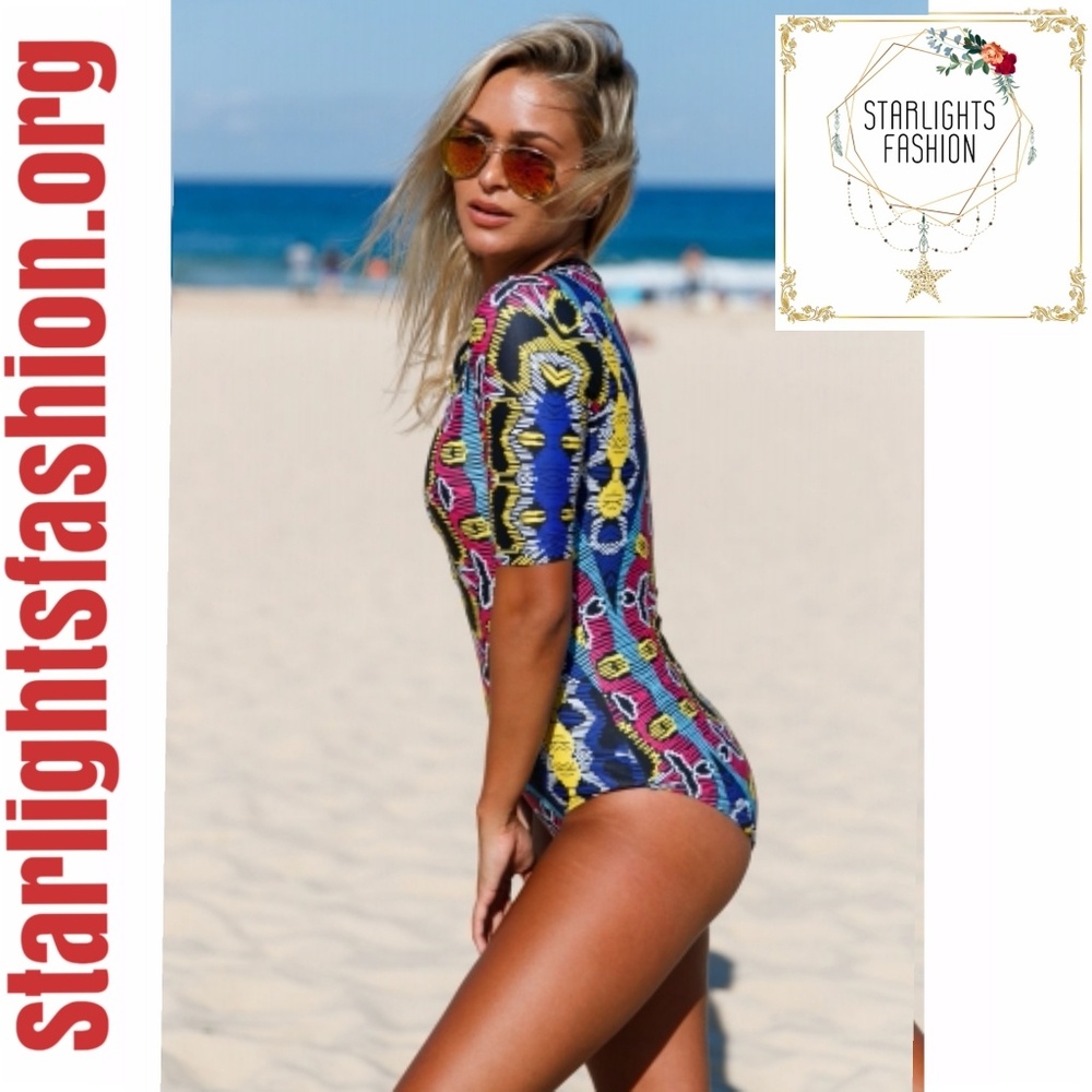 Abstract Print Zip Front Rashguard One Piece - Picture 2 of 6